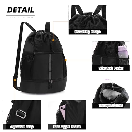 Valleycomfy Drawstring Gym Bag Sports Backpack With Shoe Compartment Black | Reflective Strips Top Handle - color: Black