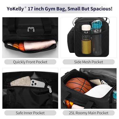 25L Small Gym Sport Duffle Bag - 17 Inch Weekender Overnight Bag for Travel, Workout, Fitness - Black - color: Black