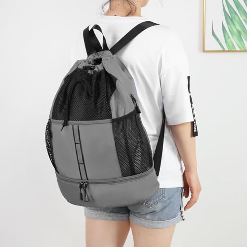 Valleycomfy Drawstring Gym Bag Sports Backpack With Shoe Compartment Grey | Reflective Strips Top Handle - color: Grey08