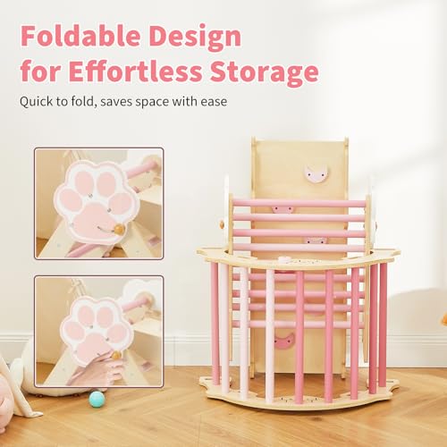 Takywep Pikler Triangle Set, 7-in-1 Foldable Pikler Triangle Climbing Toys Set with Arch & Ramp & Ladder, Indoor Playground Gym, Wooden Montessor Climbing Set for Kids Toddler - color: Pink-cat