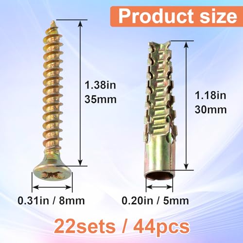 HINZIC 22 Set Steel Wall Anchors with Screws, #4×1-2/5, Gold - size: #4×1-2/5