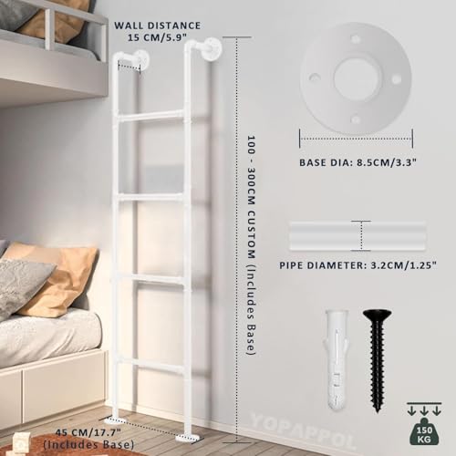 Wall Mounted Metal Step Ladder for Home Loft, White Wrought Iron Basement Window Well Egress Ladder Strong Bunk Bed Climbing Ladders with Kit, 100-300cm(131cm/52in) - size: 131cm/52in