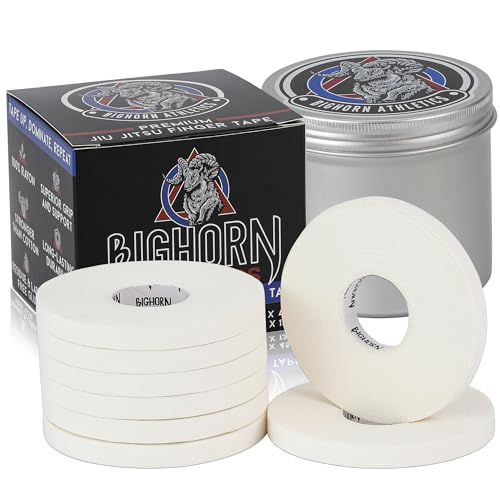 Bighorn Athletics Pro Finger Tape + Tin, 0.3" x 45Ft, 8 Rolls, White | Pro Series competition tape – 50% stronger than cotton. Residue-free, sweat-proof adhesive for Jiu Jitsu & hard training. - color: White