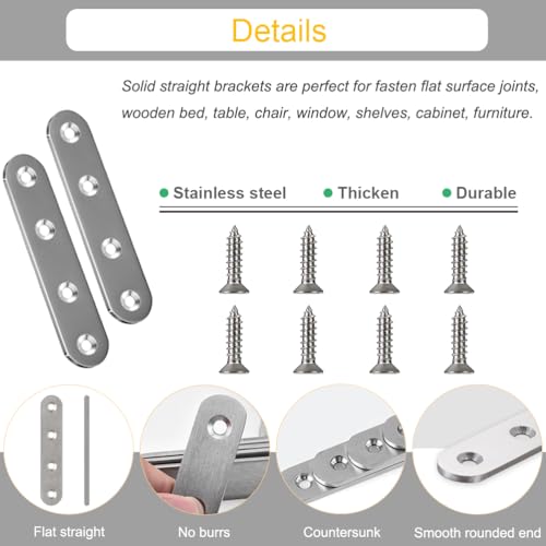 24 Pack Straight Brace Brackets 3 Inch Stainless Steel Flat Mending Plates, Heavy Duty Repair Fixing Joining Brackets for Wood Furniture with Screws, Silver, CAM-S8016-24 - size: 3 inches (24 Pieces)