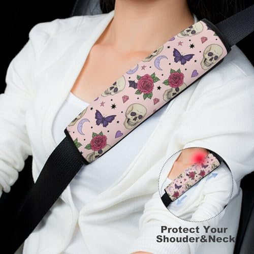 1 Pair Universal Soft and Comfortable Car Seat Belt Pad for Girls and Boys, Most Cars, Gothic Pink Skull Skeleton Rose Bat Harness Pads Strap, Neck and Shoulder Support - color: Pattern 467