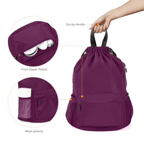 Valleycomfy Waterproof Drawstring Gym Backpack Bag for Men & Women Purple | Sports Gym Bag with Side Pocket - color: A-purple