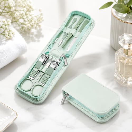 7Pcs Light Green Nail Care Kit, Professional Stainless Steel Manicure Pedicure Set, Travel Grooming Essentials in Zipper Pack for Purse or Suitcase