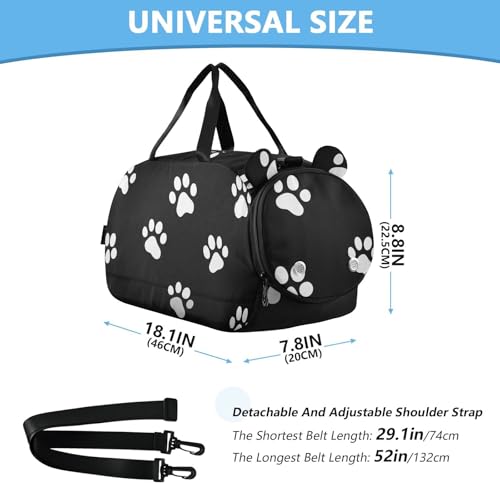 Kids Sports Duffel Bag for Boys & Girls - White Dog Paw Prints 100% Polyester Gym Bag with Separate Shoe Compartment, Adjustable Shoulder Strap, Compact Travel & Workout Gear Bag - color: White Dog Paw Prints