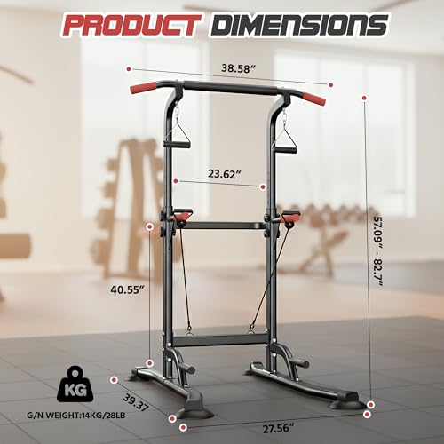 Power Tower Pull Up Bar Free standing with Resistance Bands, 350LBS Heavy Duty Alloy Steel Dip Station for Home Gym Strength Training, Adjustable Height Workout Equipment