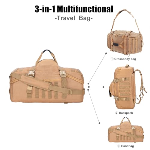 3 in 1 Tactical Travel Duffel Bag Backpack, Heavy Duty Military Gym Bag | Waterproof 600D nylon, internal collapsible dividers, weekend overnight travel, gym workout, camping luggage, 30L 45L 85L - color: Coyote, size: 85L,(27x14x11)Inches