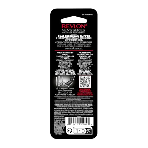Revlon Dual-Ended Nail Clipper for Men, Straight and Curved Edges, for Fingernail and Toenail Trimming, Stainless Steel, 1 Count