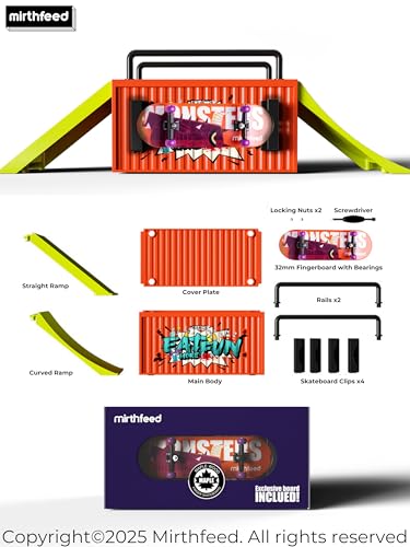 32mm Pro Fingerboard Complete Set | Bearing Wheels | 5 Ply Maple Deck | Anti Skid Grip Tape | Complimentary Tool | Concave Shape - color: Fun Box E : Monstrous Mash