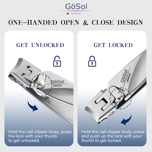 Nail Clipper Anti-Splash, Stainless Steel, Wide Jaw Sharp Blades | Nail Cutter with Catcher, Built-in Lock, One Handed Open & Close, for Thick Nails, with Built-in File, Washable, Heavy Duty - style: Curved Blades Nail Clipper