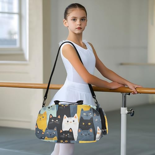 Kids Sports Duffel Bag for Boys & Girls - Cartoon Cat Patterns 100% Polyester Gym Bag with Separate Shoe Compartment, Adjustable Shoulder Strap, Compact Travel & Workout Gear Bag - color: Cartoon Cat Patterns