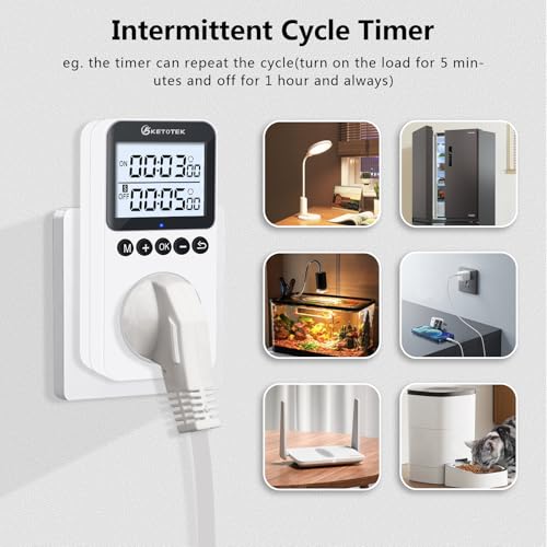 KETOTEK KTTS02 Repeat Cycle Timer Outlet Plug in Timer Switch Socket | Indoor Electrical Countdown Timers for Lights,Aquarium,Pets Home Appliances