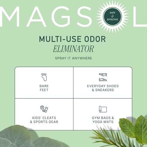 Magsol Natural Shoe Deodorizer & Foot Spray, Peppermint, Tea Tree & Eucalyptus Essential Oil Odor Eliminator for Sneakers, Work Boots & Gym Bags, Fast-Acting Foot Deodorant, 4 Fl Oz