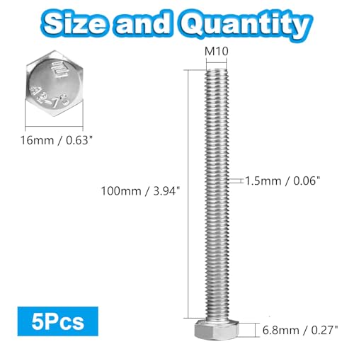 5 Pcs M10 Hex Bolts M10-1.5 x 100mm Hex Head Screw Bolt 304 Stainless Steel M10-1.5mm Hexagon Bolts Hex Head Screws, Metric Machine Fully Thread, Bright Finish - size: M10 -1.5x 100mm