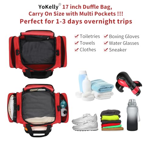 Small Duffel Bag, 17 inch, Red | 25L, Multi Pockets, Carry On, Weekender Bag, Travel Gym Sport, 17x10x9 in - color: Red, size: 17 inch - 1.0