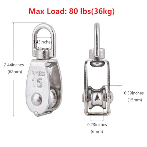 10x 304 Stainless Steel M15 Single Swivel Rope Pulley Blocks w/Snap Hooks | 360° anti-twist swivel pulley. For lifting, towing & hanging wire rope on crane/outdoor. Has spring snap hooks for fast fit - size: M15-10pcs