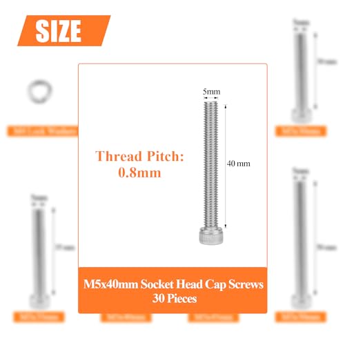 HELIFOUNER 30 Pieces M5 x 40mm, Thread Pitch 0.8mm, 304 Stainless Steel (18-8) Hex Socket Head Cap Screws, Fully Threaded - size: M5 x 40mm