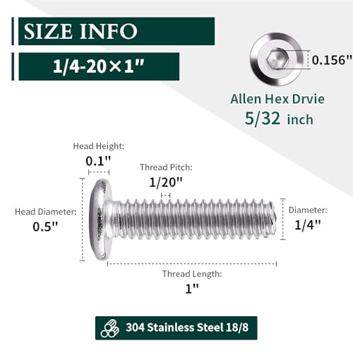 1/4-20 x 1 Hex Socket Head Cap Screws, 304 Stainless Steel 18-8, Chamfered Countersunk Machine Screws for Furniture, Binding, Machinery, Automotive, DIY Projects, 25 PCS - size: 1/4-20 x 1"