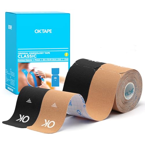 OK TAPE Precut Elastic Kinesiology Tape, 20 Strips, 2inch x 16ft, 2 Rolls | Sensitive Skin Friendly Latex Free Hypoallergenic Athletic Tape Roll for Muscle Joint Knee Waterproof Beige and Black - color: Beige and Black, size: 2 Rolls