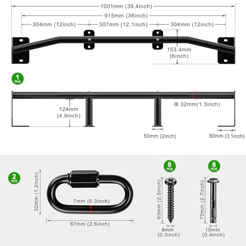 SELEWARE 32"/36" Wall Mount Pull Up Bar Joist Mount Chin Up Bar for Doorway | Heavy Duty Steel Construction Support 450 lb, w/Resistance Band Hooks, Fits 32"/36" Wall Studs for Home Gym Strength Training - size: B: 36" x 1.3" Dia Grip