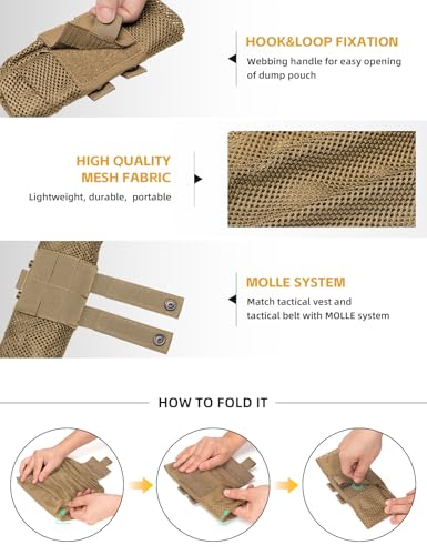 IDOGEAR Tactical Dump Pouch with Adjustable Metal Strip Closure Foldable Mesh Pouches MOLLE Utility Bag Mag Recovery Holster Tactical Belt Vest Backpack Accessories - color: Coyote Brown