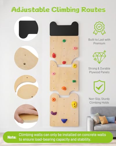 noblequest Wooden Rock Climbing Wall for Kids, Indoor Climbing Wall Panels with 12 PP Rock Holds, Customizable Routes Climbing Toy for Playroom Home Gym, Adjustable for 3+ Years