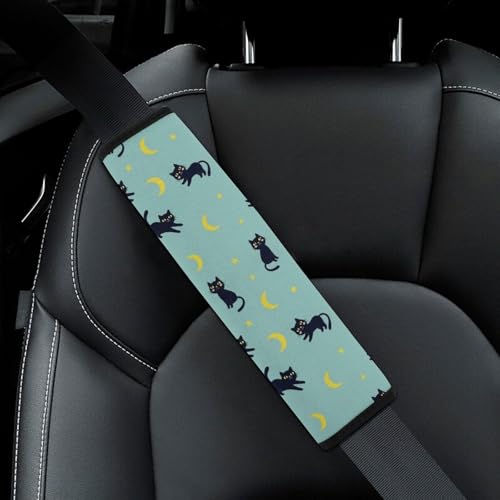 Universal Soft and Comfortable Seat Belt Cover for Adults and Children, Most Cars, 2 Pack Night Sky Stars Yellow Moon Cartoon Black Cat Seat Belt Covers Cushion Neck and Shoulder Support - color: Pattern 370