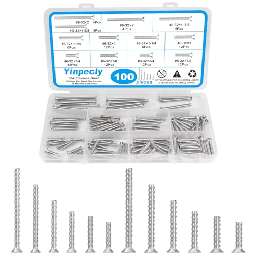 100 PCS Machine Screws, #6-32#8-32 Phillips Flat Head Electricians Screw Kit 304 Stainless Steel Outlet Screws for Wall Plate Switch, Receptacles Mounting Screws - style: Flat Head