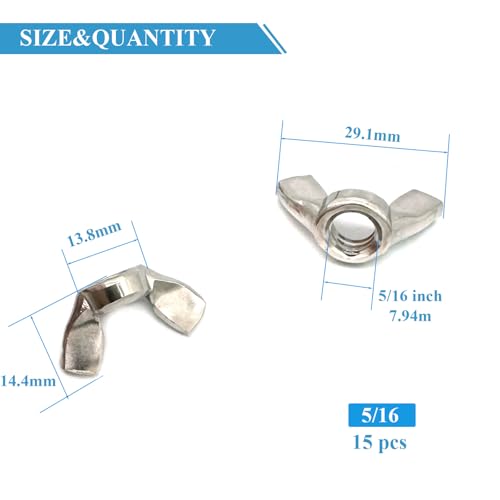 15 Pcs 5/16"-18 Wingnuts 304 Stainless Steel Wing Nuts Fasteners Parts Butterfly Nut, Hand Twist Tighten Hardware Nuts Butterfly Wing-Nut - size: 5/16"-18 - 304 Stainless Steel - 15 Pcs