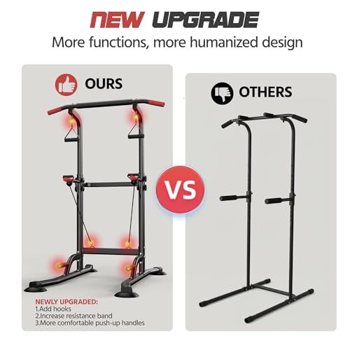 Power Tower Pull Up Bar Free standing with Resistance Bands, 350LBS Heavy Duty Alloy Steel Dip Station for Home Gym Strength Training, Adjustable Height Workout Equipment