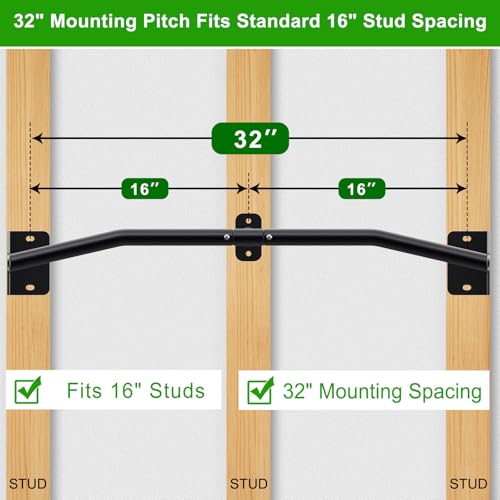 SELEWARE 32"/36" Wall Mount Pull Up Bar Joist Mount Chin Up Bar for Doorway | Heavy Duty Steel Construction Support 450 lb, w/Resistance Band Hooks, Fits 32"/36" Wall Studs for Home Gym Strength Training - size: B: 32" x 1.3" Dia Grip