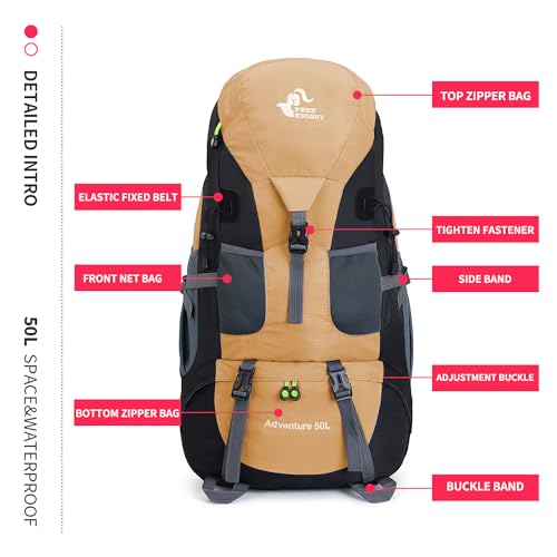 Bseash 50L Hiking Backpack, Water Resistant Lightweight Outdoor Sport Daypack Travel Bag for Camping Climbing Skiing Cycling (Gold - With Shoe Compartment) - color: Gold - With Shoe Compartment