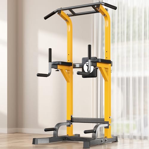 SogesPower Power Tower Pull Up Bar Station Multi-Function Dip Station | Adjustable Height Pull Up Dip Station Dip Bar Strength Training Fitness Equipment,Up to 500LBS - color: Yellow