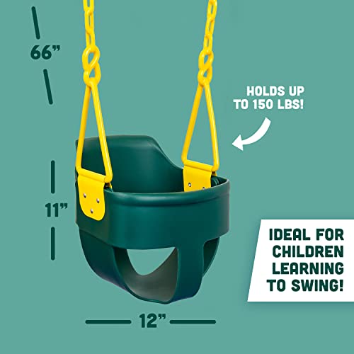 Premium High Back Full Bucket Toddler Swing Seat with Finger Grip, Plastic Coated Chains and Carabiners for Easy Install - Green - Squirrel Products - color: Green