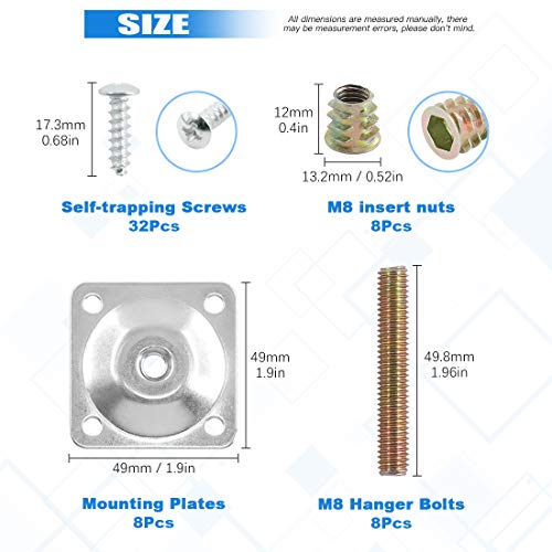 Glarks 8 Sets Sliver Furniture Leg Mounting Plates Set, 8Pcs Leg Attachment Plates with 40pcs 5/16" Hanger Bolts Screws for Furniture Sofa Couches Seats