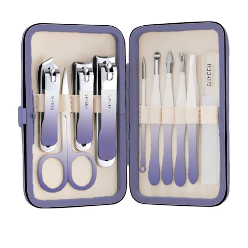 Manicure Set, 10 pcs High-Carbon Steel Nail Clippers Set, Portable Mini Manicure and Pedicure Kit, Travel Grooming Nail Kit with Leather Bag for Men and Women - color: DeepPurple