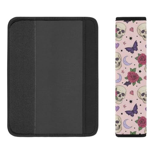 1 Pair Universal Soft and Comfortable Car Seat Belt Pad for Girls and Boys, Most Cars, Gothic Pink Skull Skeleton Rose Bat Harness Pads Strap, Neck and Shoulder Support - color: Pattern 467