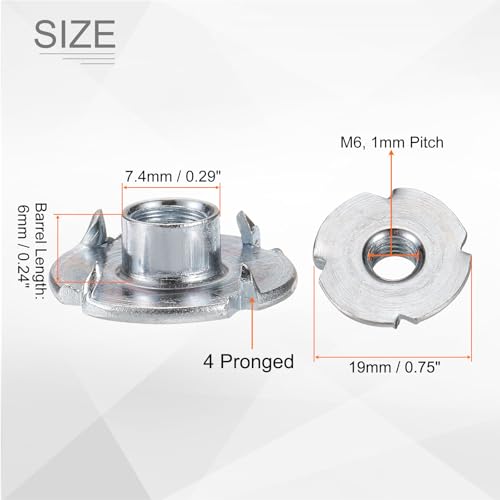 HARFINGTON M6x6mm T-Nuts 4 Pronged Tee Nut 0.74" x 0.24" Fully Thread Carbon Steel Inserts for Wood, Rock Climbing Holds, Cabinetry, Furniture 100pcs - size: M6x6mm, 18.8mm