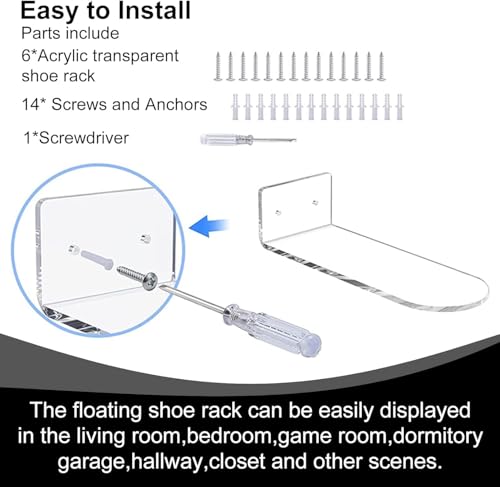 Acrylic Floating Shoe Rack (Set of 6) Wall Mount Display Shoe Rack Transparent Storage Rack for Home Use Sneaker Display Rack with Screws and Anchors