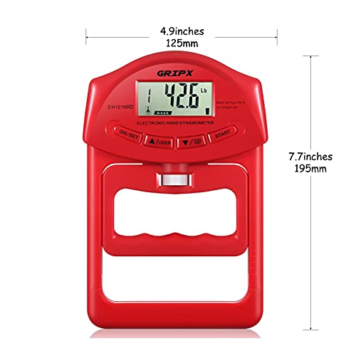 Digital Hand Dynamometer Grip Strength Measurement Meter Auto Capturing Electronic Hand Grip Power 198Lbs / 90Kgs - color: Red