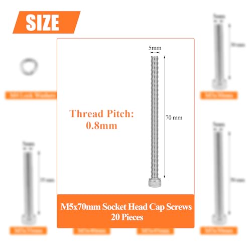 HELIFOUNER 20 Pieces M5 x 70mm, Thread Pitch 0.8mm, 304 Stainless Steel (18-8) Hex Socket Head Cap Screws, Fully Threaded - size: M5 x 70mm