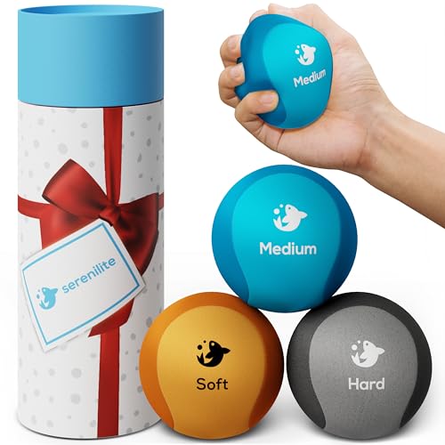 Serenilite Hand Therapy Exercise Stress Ball Bundle - Tri-Density Stress Balls for Adults & Grip Strengthening - color: Orange, Blue, Gray