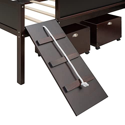 Twin Size Low Loft Bed with Climbing Rope and Double-Sided Chalkboard, Kid's Play Bed with Two Toy Storage Boxes for Bedroom (Espresso)