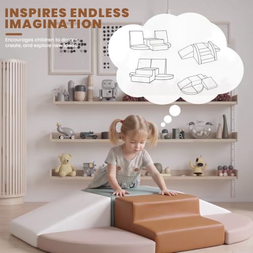 Hoohtoot Foam Climbing Blocks for Toddlers: 6-Piece Soft Play Set - PU Leather Climbing and Crawling Toys - Indoor Baby Learning Gym - Kids Play Structure for Preschool - style: Beige/Ivory