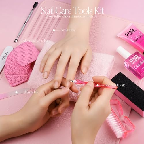 FANDAMEI Cuticle Remover Kit, Cuticle Remover & Oil, Professional Manicure Kit for Women with 50 PCS Lint Free Wipes, Steel Nail Pusher & Fork, Nail Files and Buffers, Manicure Tools Set for Nail Care