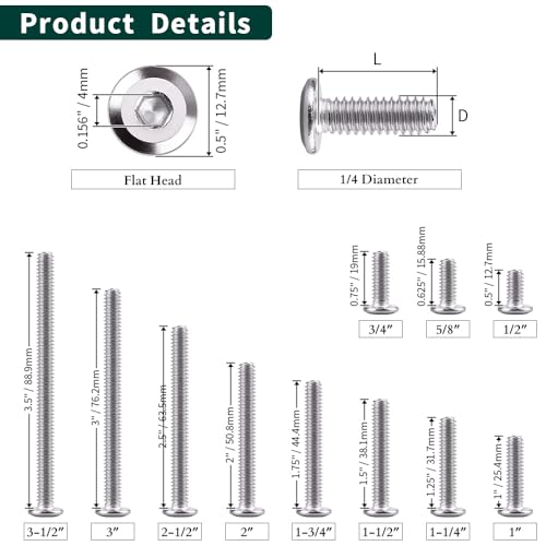 1/4-20 x 1-3/4" Hex Socket Head Cap Screws, 304 Stainless Steel 18-8, Chamfered Countersunk Machine Screws for Furniture, Binding, Machinery, Automotive, DIY Projects, 25 PCS - size: 1/4-20 x 1-3/4"