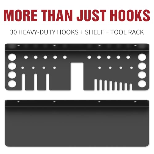 Heavy Duty Metal Pegboard Wall Organizer with 30 Hooks, Shelf and Tool Rack | Extra thick rustproof metal with 2 storage boxes, drywall anchors and screws for garage, workshop, gym and tool storage